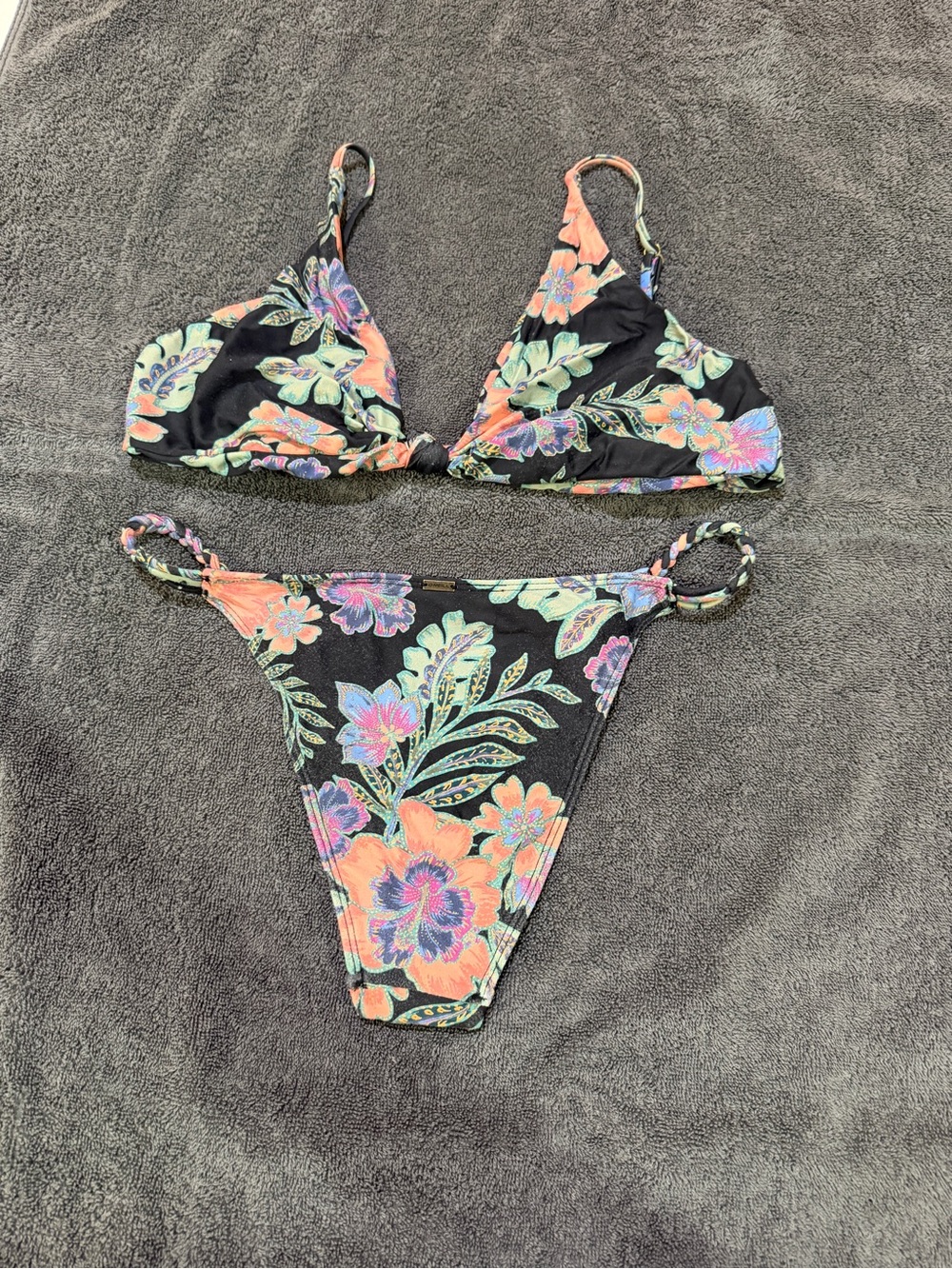 Billabong Black Floral Triangle Bikini with Coral & Mint Accents